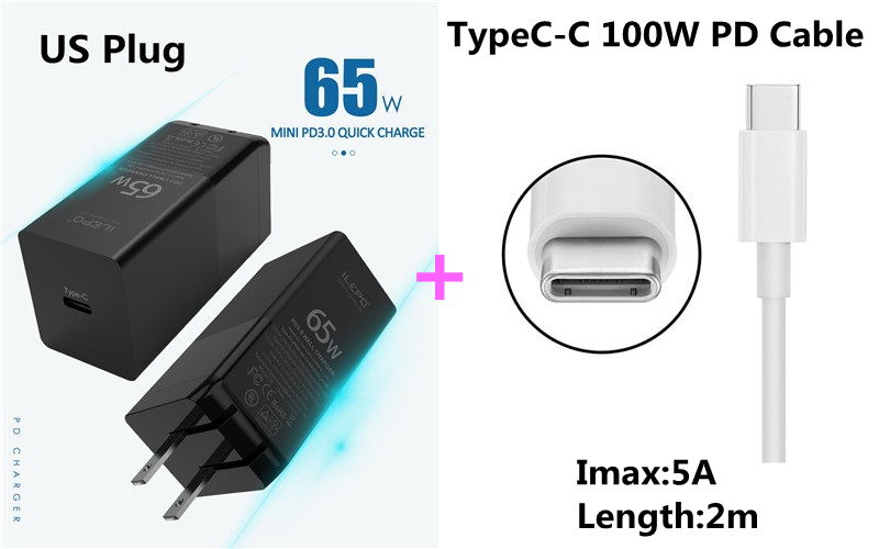 Travel 65W GaN USB C PD MagSaf* Power Adapter Fast Smart Mobile Phone Quick Charger For Laptop Macbook iphone Xiaomi Huawei: US With TypeC Cable