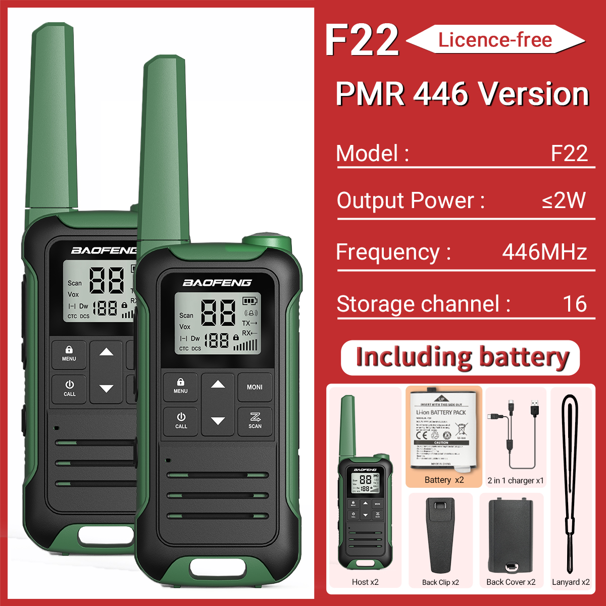 2 Stück baofeng f22 mini walkie talkie pmr446 frs tragbares Zwei-Wege-Radio-LCD-Display-Typ-C-Ladegerät für die Jagd