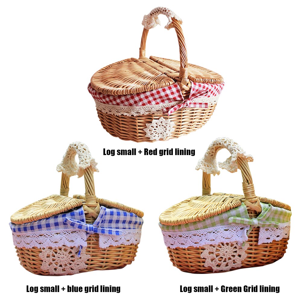 Handmade Small Picnic Wicker Basket with Handle Double-Lid Lining Outdoor Camping Rattan Weaving Fruits Food Storage Hamper