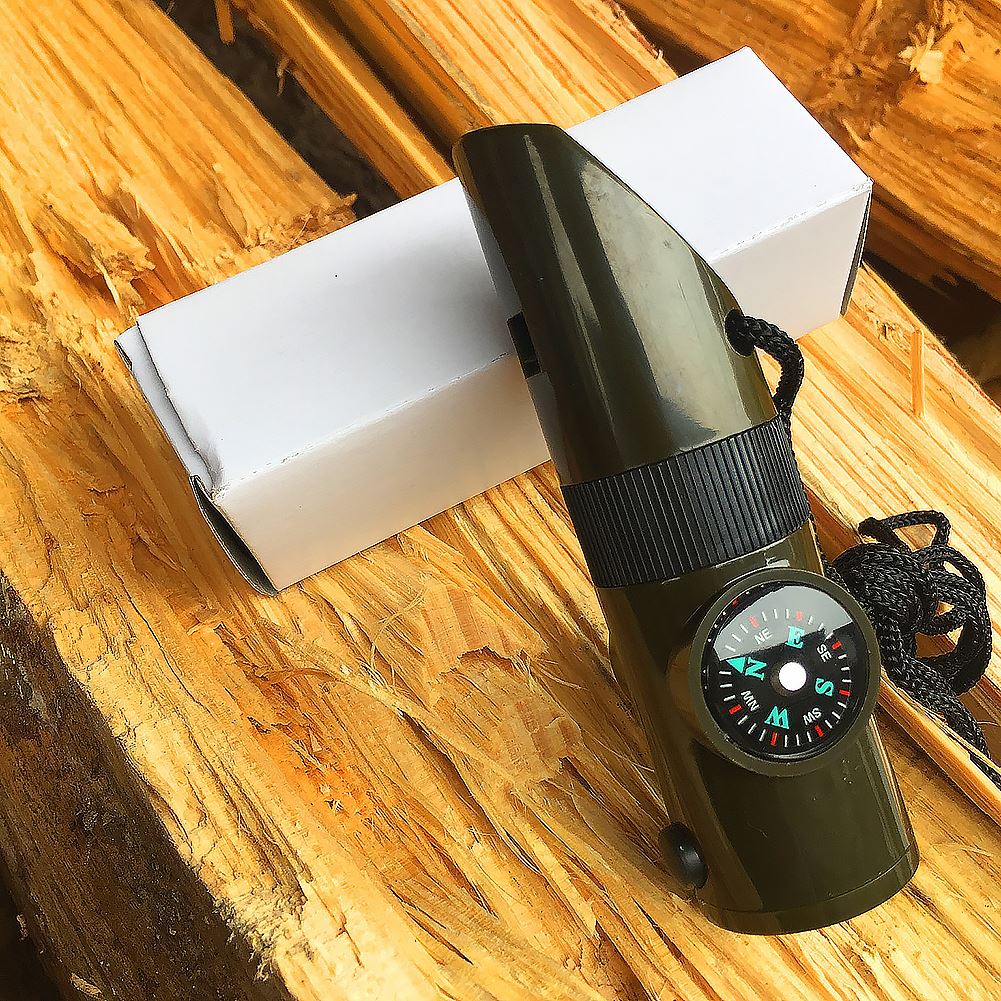 Function Whistle Survival Emergency Green Tool with Thermometer Compass LED Light Magnifier Mirror for Camping Hiking Outdoor