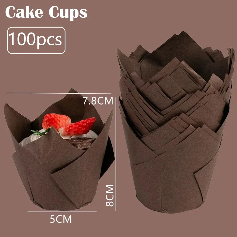 100 stk. tulipanforme til cupcakeforme, papirforme til muffins, cupcakepapir til fest, hjemmelavet kageform, bagepapir, værktøj, indpakningsetui: Chokolade