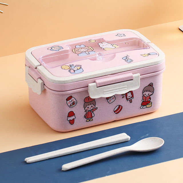 Ins Kawaii Sticker Organizer Lunchbox Container Met Cover Compartiment Opslag Ontbijt Dozen Student Voedsel Box Set: pink