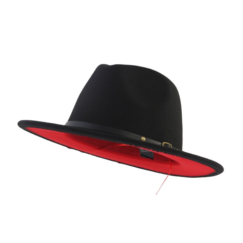 Unisex flad kant uldfilt fedora hatte med bælte rød sort patchwork jazz formel hat panama cap trilby chapeau til mænd kvinder: Sort rød