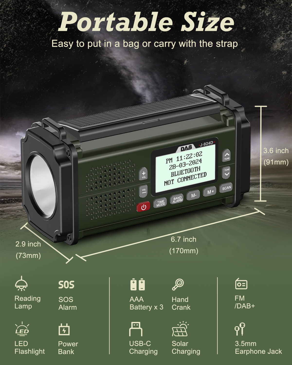 Radio DAB+ Głośnik FM Bluetooth 10000mAh PowerBan Radio awaryjne Przenośny odbiornik radiowy na energię słoneczną Korba ręczna USB-C Dioda LED ładowania