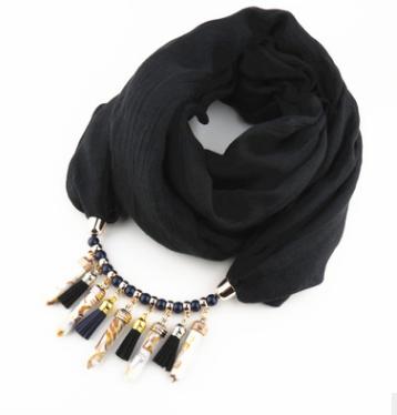 Ethtic Silk Scarf Necklace Neckerchief Scarves Tassels Women Printed Silk Muffler Scarfs Choker Statement Jewelry Luxury Bijoux: Black