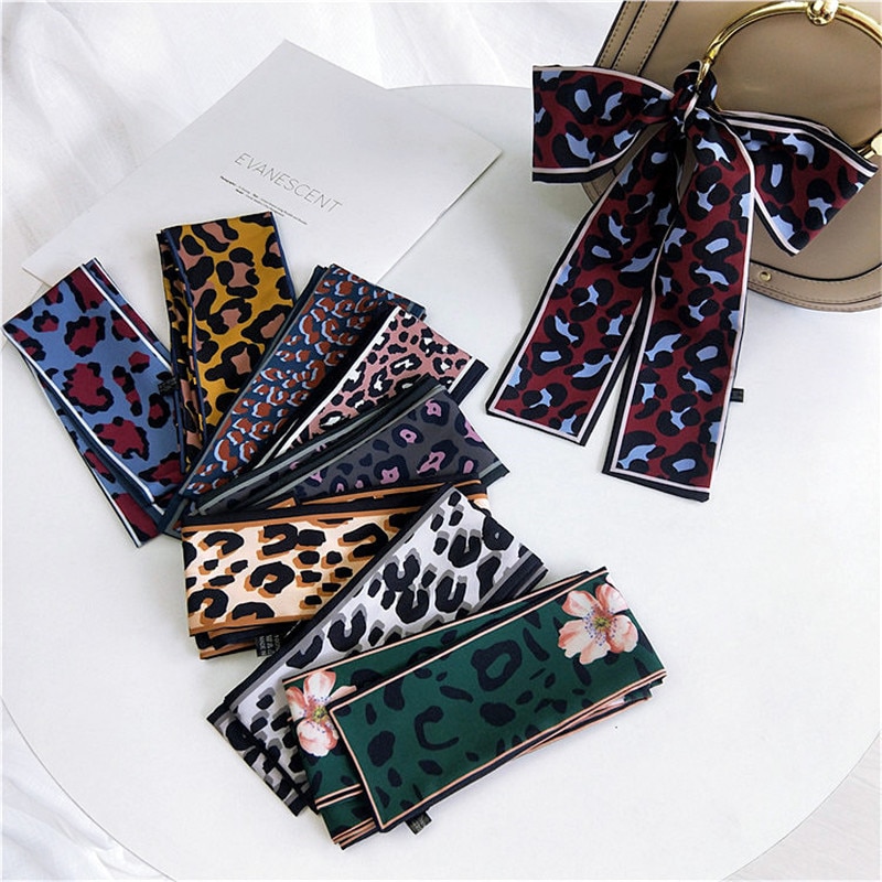 neue Frauen Schal Dünne Seide Leopard drucken Bandana Kleine Griff Tasche Bänder Weibliches Halstuch Kopf Schals & Tücher