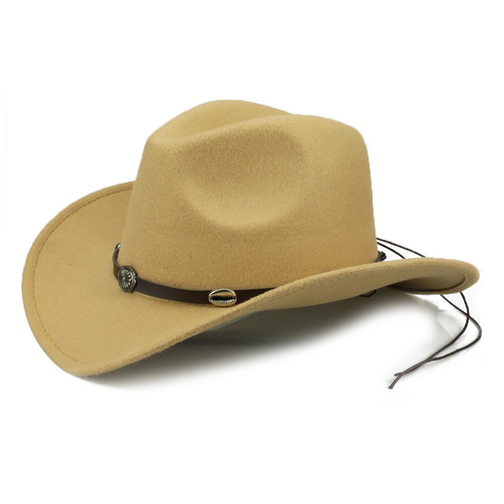 Uldfilt kvinder mænd vestlig cowboyhue med brede rand punk læder bælte jazz cap størrelse 57-58cm b88: 9