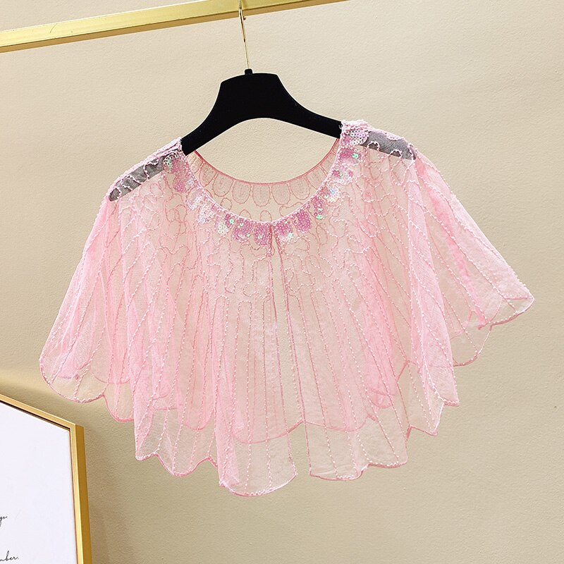 Free Size Sequined Summer Beaded Women Wedding Wedding Cape Red Beige Pink Blue White Black Bolero Cloak Shawl: Pink