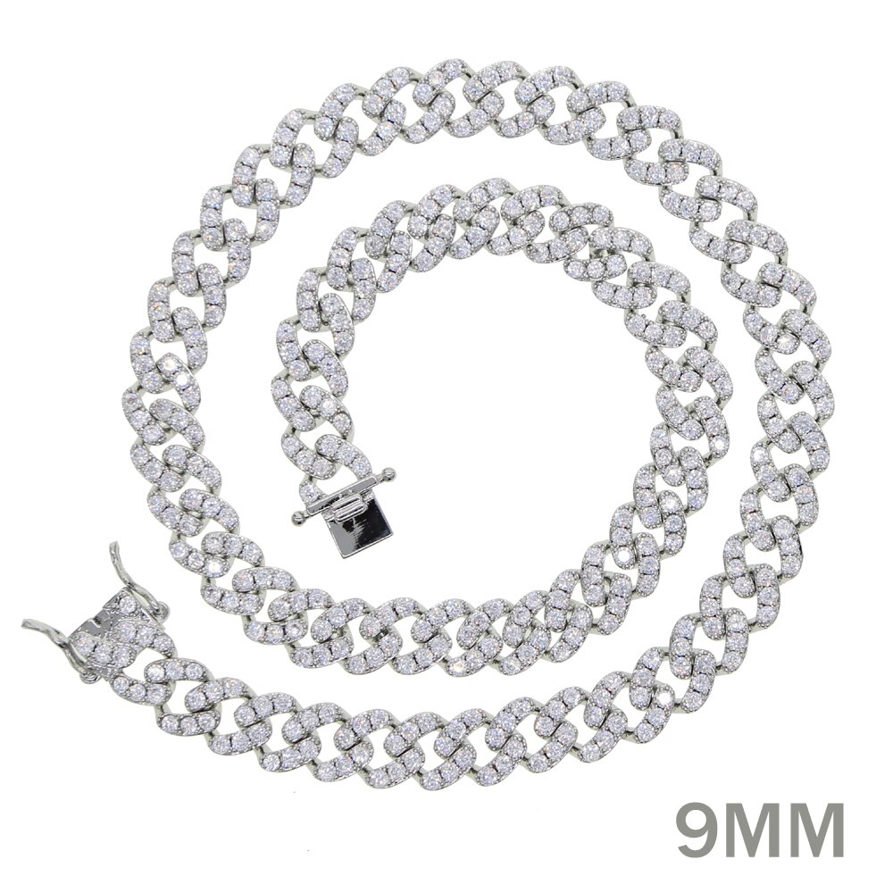 12mm Micro Pave CZ Cuban Link Necklaces pink Luxury Bling Bling choker Jewelry iced out bling zircon rock punk women men jewelry: Silver 9mm / 38cm