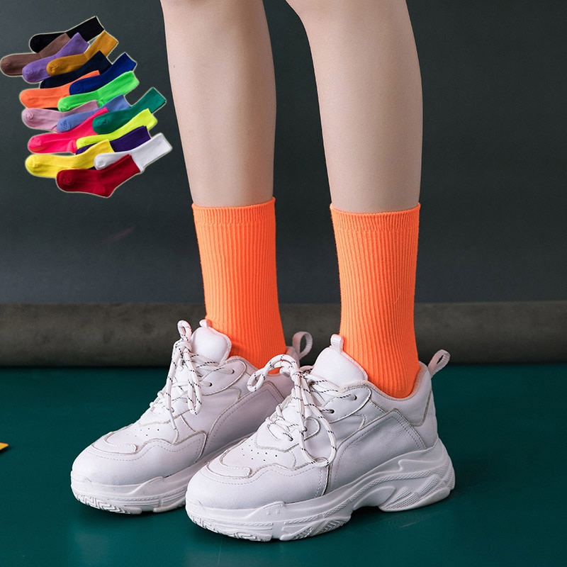 Chaussettes néon Harajuku pour femmes, Streetwear Hip-Hop, 17 couleurs fluorescentes, couleurs vives bonbons, sympas, pour adolescentes et filles, danse de rue