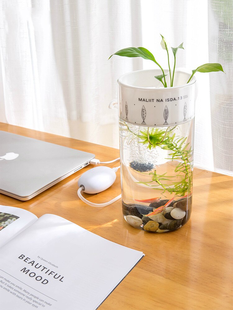 Home Lazy Mini Mini Fish Tank Office Desktop Transparent Glass No Water Change Gravity Clean Ecological Fish Tank