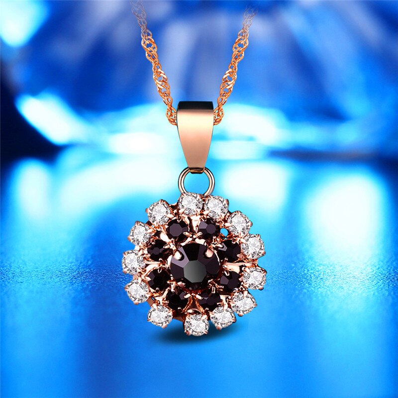 Trendy Vrouwelijke Zwarte Kristal Sieraden Set Charm Rose Gold Kleur Clip Oorbellen Voor Vrouwen Punk Ronde Zirkoon Bruiloft Collier