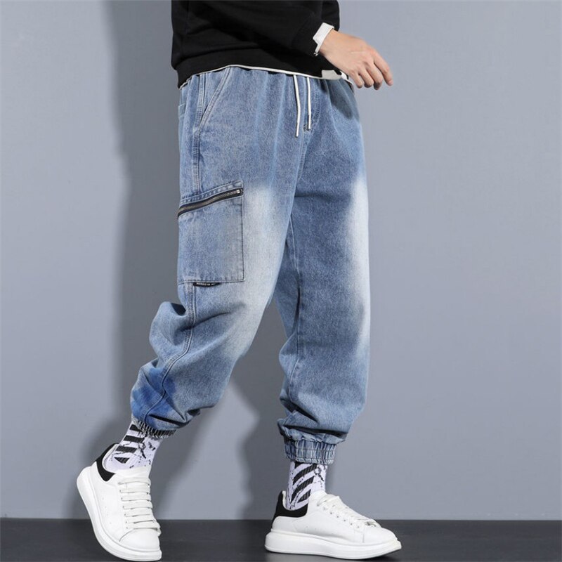 Spring Harem Pants Men Loose Straight Jeans Elastic Waist Baggy Trouser Hip Hop Style Trendy Jeans Plus Size