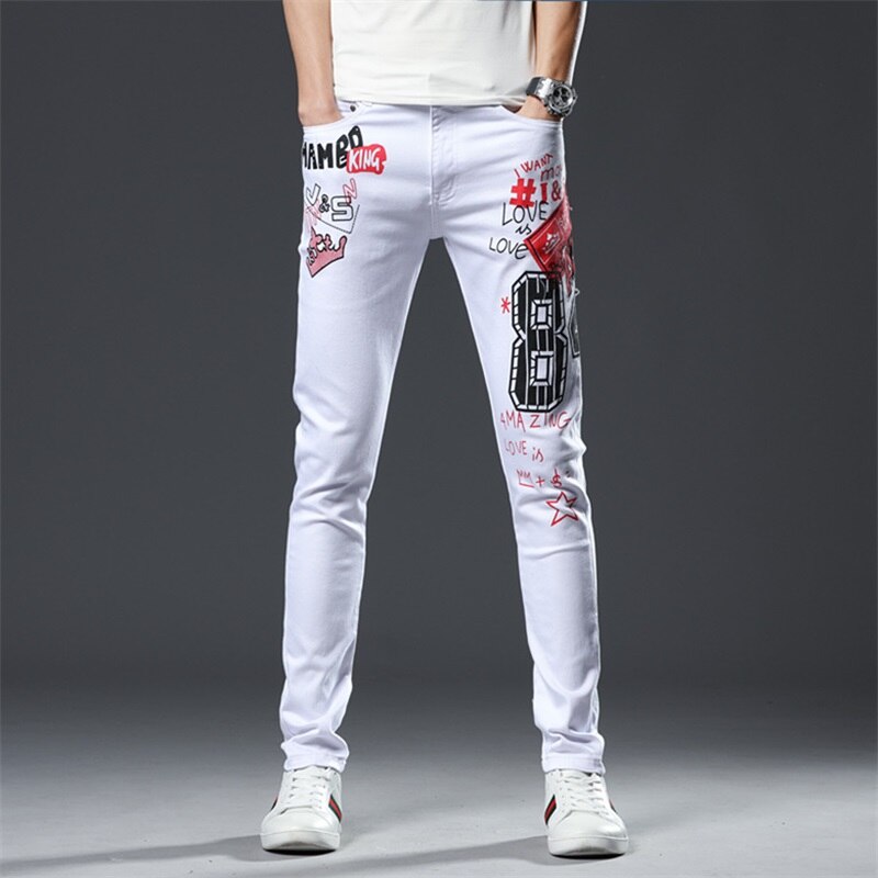 Spring jeans mænd 100%  bomuld bogstav print pasform slim pencil bukser ripped klassiske hvide jeans mænd  #209: 29