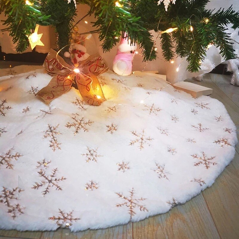 90/120Cm Kerstboom Rok Witte Sneeuwvlok Pluche Mat Faux Bont Voet Tapijt Thuis Xmas Tree Nieuwjaar decors Noel Schort Ornament