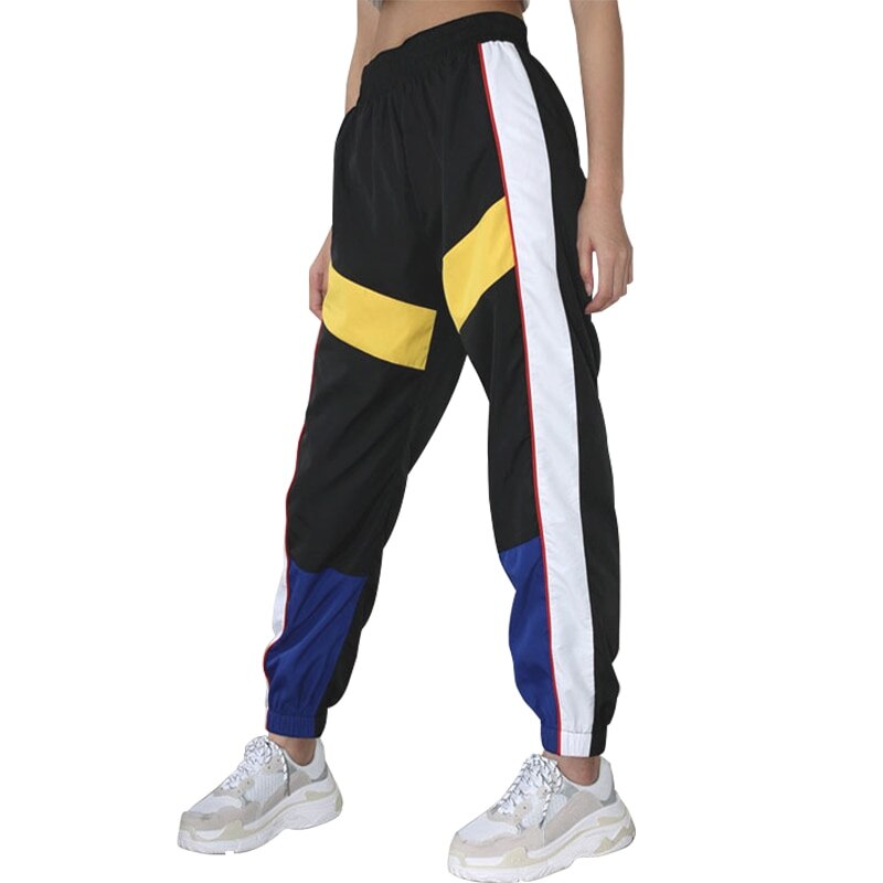 Mulheres verão splice sweatpants cintura alta contraste cor carga calças soltas jogger execução streetwear