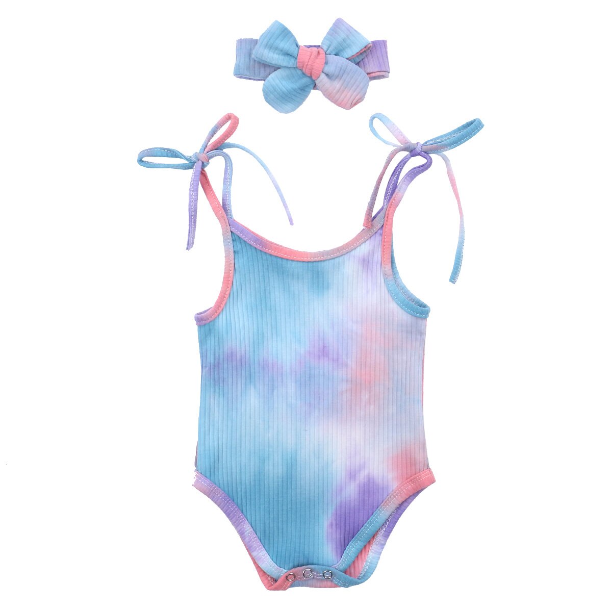 2 stuks babymeisjes jongens tie-dye mouwloze riem bodysuits hoofdband bedrukte jumpsuits 0-24m: Blauw / 12m