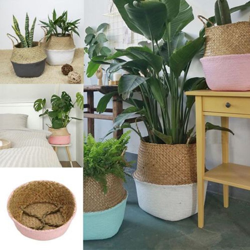 Mini Bambus Lagerung Körbe Faltbare Wäsche Stroh Patchwork Weide Rattan Seegras Bauch Blumentopf Pflanzer Handgemachte Korb