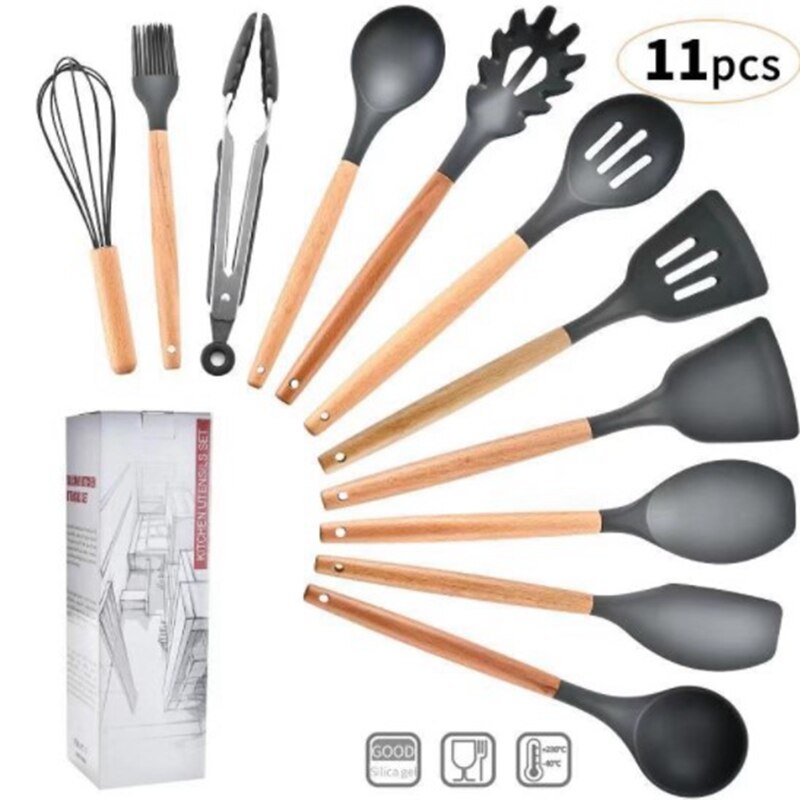 Silicone Cooking Utensils Set Soup Spoon Spatula Brush Non-Stick Shovel Wooden Handle Kitchen Tool Heat-Resistant: 11pcs