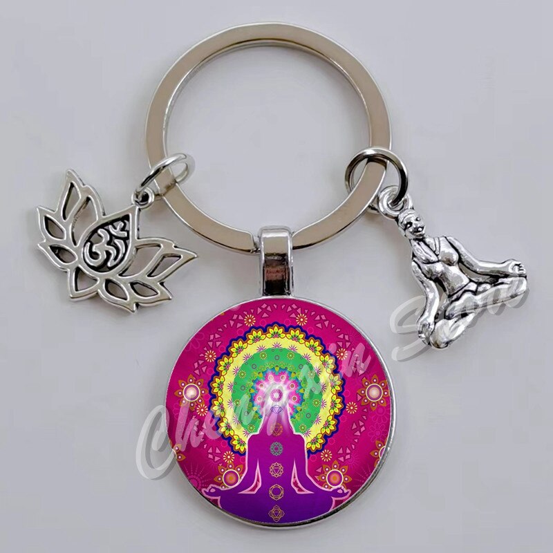 Indian Buddha Meditatie 7 Chakra Mandala Psychedelische Yoga Glas Cabochon Sleutelhanger Ornament: Champagne