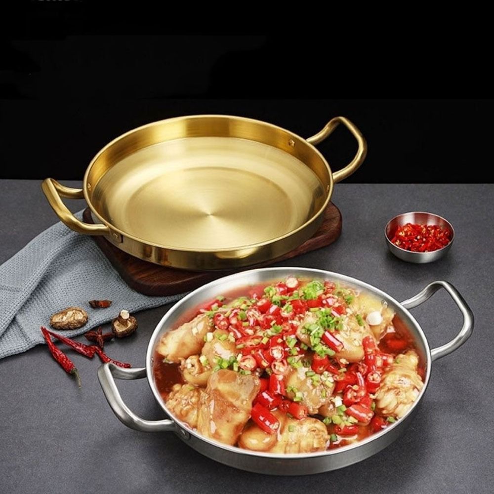 Korean Style BBQ Plate Frying Pan Salad Bowl Double Ear Dry Pot Stainless Steel Thickened Restaurant