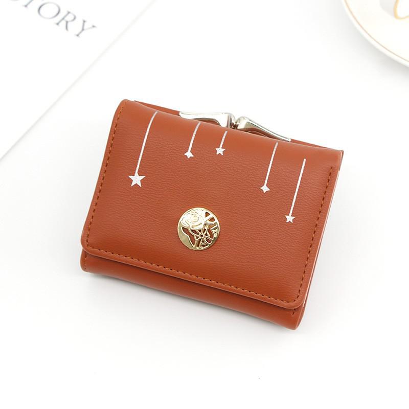 Kort damepung femtakket stjerneprintet lille møntpung kvindelig clutch mini læder kreditkortholder: Brun
