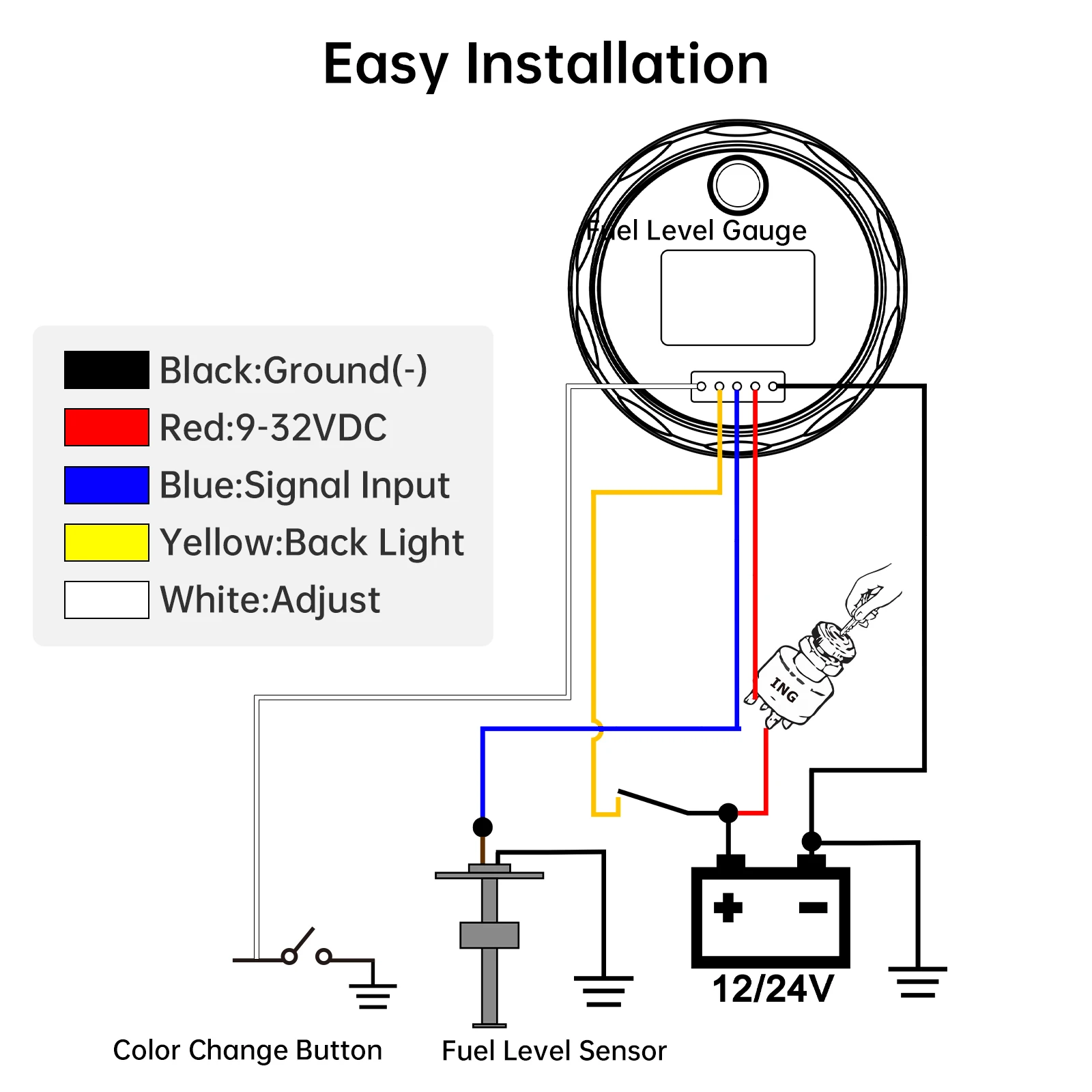 Custom 0-190 ohm Fuel Float Sensor + Fuel Level Gauge 7 Color Light Auto Marine RV Boat Car 2" 52mm Fuel Tank Level Gauge 12V24V