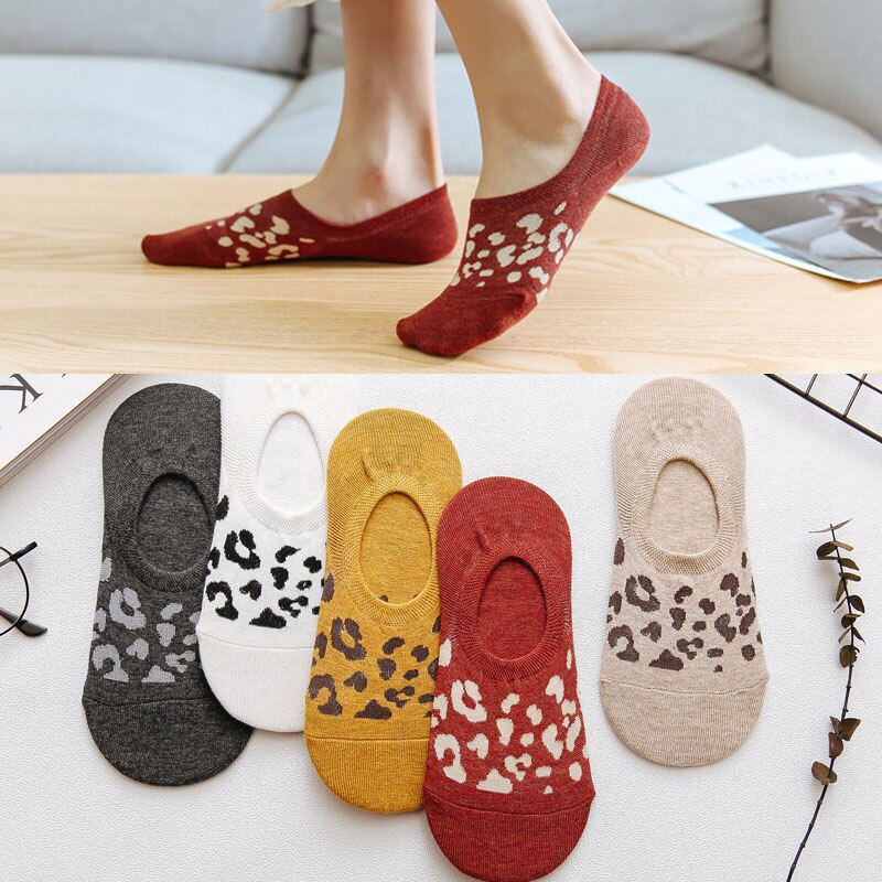 5 pares de pantuflas con medias de algodón para mujer, calcetines cortos invisibles antideslizantes de verano para mujer, calcetines de dibujos animados de animales estampados, divertidos calcetines bonitos: Leopard