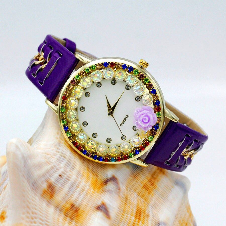 Ladies Flower Hand-knitted Wristwatch Rose Women Dress Watch Color Sparkling Rhinestone Leather Strap Clock Sweet Girl Watch: purple