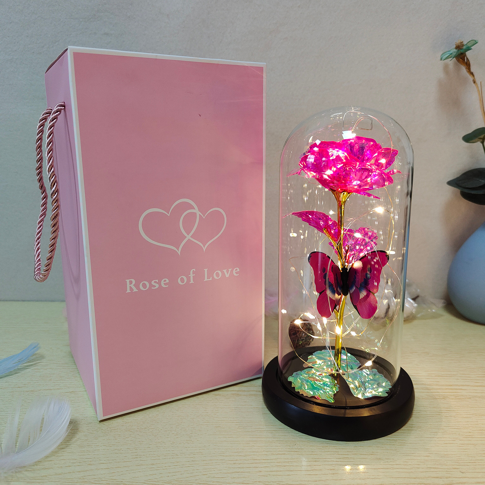 Roze Licht Kunstmatige Galaxy Rose Lamp Met Vlinder En Kleurrijke Led Rozenbloemen In Glazen Batterij Aangedreven Voor Vrouwen: Roze