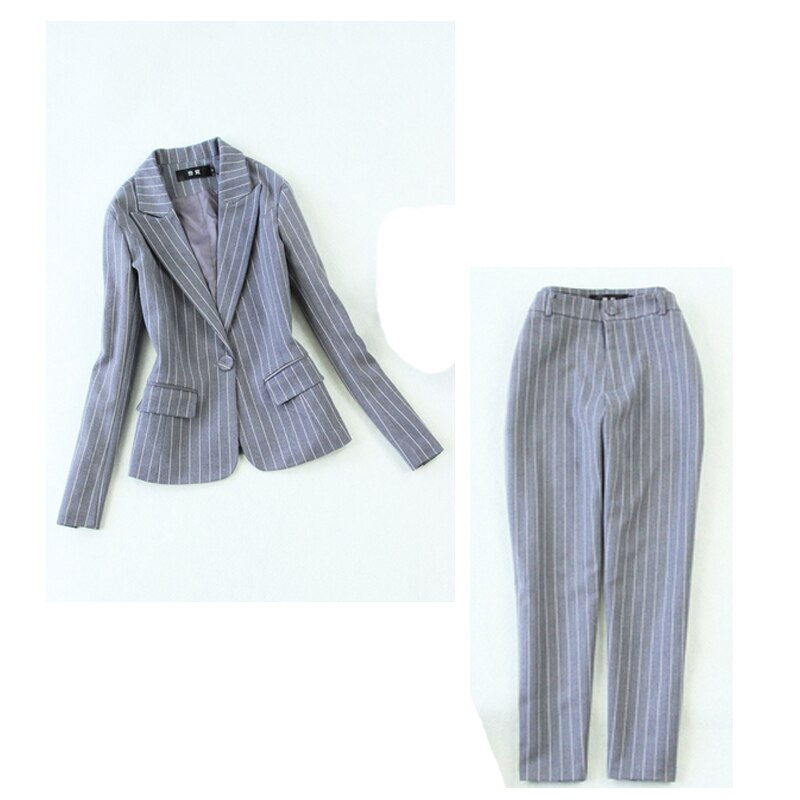 Winter business office women's suits pants suit Casual Slim Gray Striped Blazer Skirt set two-piece female