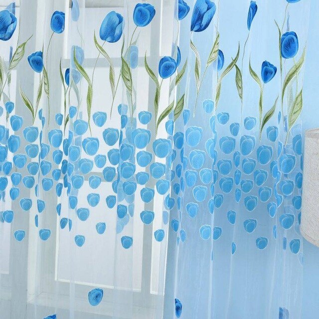 Tulle Curtains for The Kitchen Living Room Fabric Voile Window Bedroom Tulip Printed Balcony Sun Shading: blue
