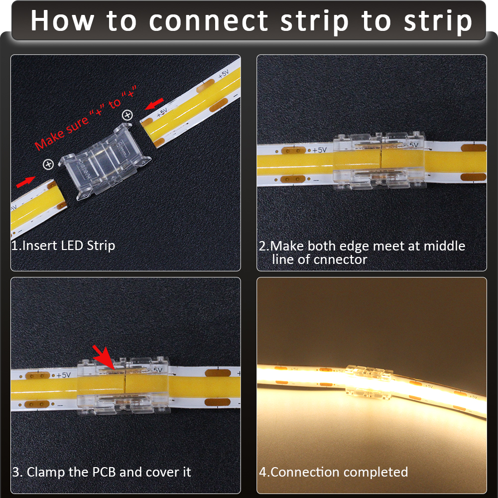 Conector de tira LED COB de 2 pines, 3 pines, 4 pines, Terminal de cable de extensión, conectores LED para luces de cinta flexibles RGB CCT COB de 5mm, 8mm y 10mm