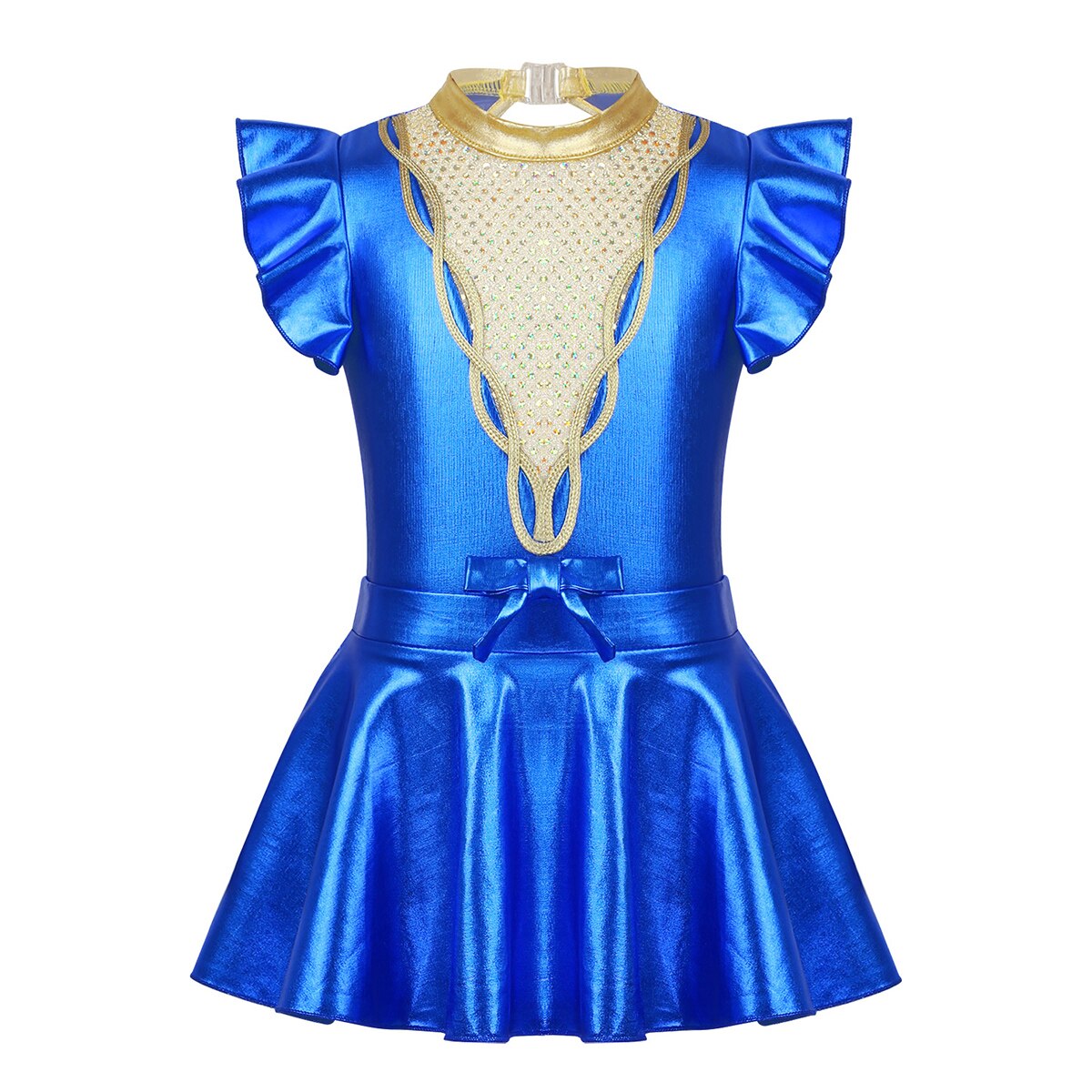 ChicTry Kids Teens Performance Dance Costume Shiny Sequins Metallic Gymnastics Leotard with Skirt Set Girls Ballet Dress Outfit: Blue / 12