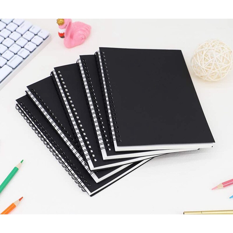5Pcs A5 Black Spiral Notebook Blank Sketchbook Unruled Journal Pack Thick Blank Paper 50 Sheet 100 Unlined Pages