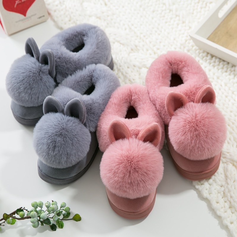 Herfst Winter Katoen Slippers Bont Konijn Thuis Warme Dikke Bodem Indoor Katoen Schoenen Kat Slippers Dames Slippers Schattige Pluizige