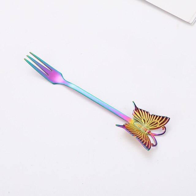 Dessert Cake Fork Stainless Steel Coffee Spoon Butterfly Fruit Fork Milk Shake Spoon Reusable Spoon Smoothie Spoon: Color-Fork