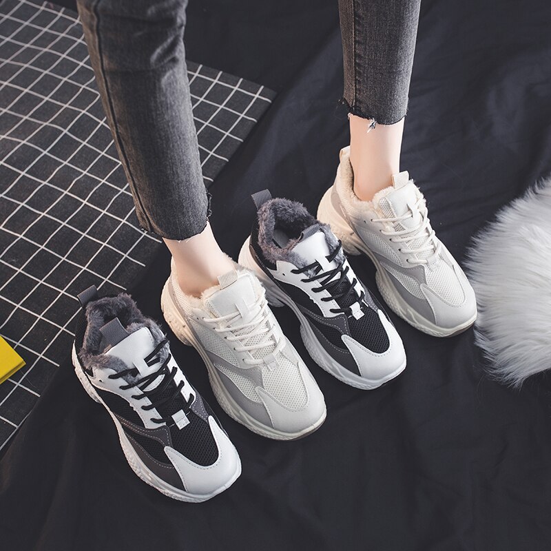 Wwkk vinter løbesko kvinde komfortabel plus fløjl snøresko kvinde chunky sports platform sneakers dame sko
