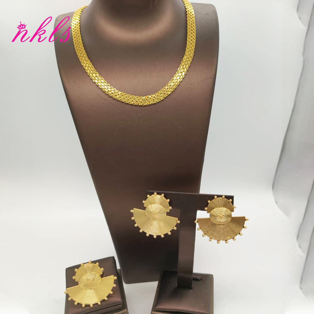 Juegos de joyas para mujer, cadena de Color dorado, pendientes de de lujo, anillo etíope, la última , joyería africana nigeriana para