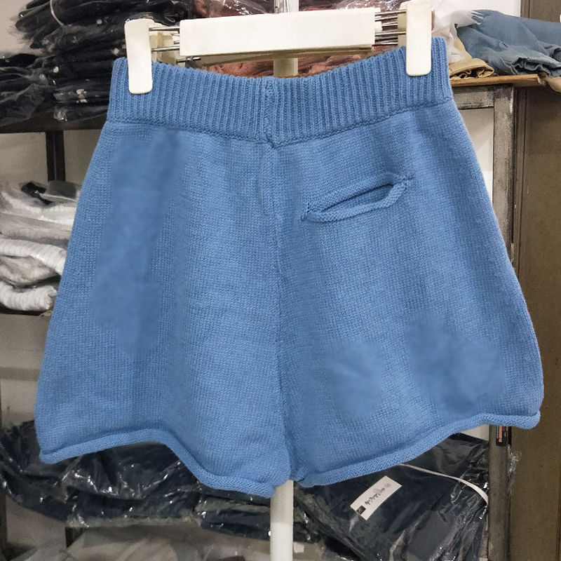 Short tricoté pour femmes, pantalon, taille haute, couleur unie, grande taille: Bleu / XL