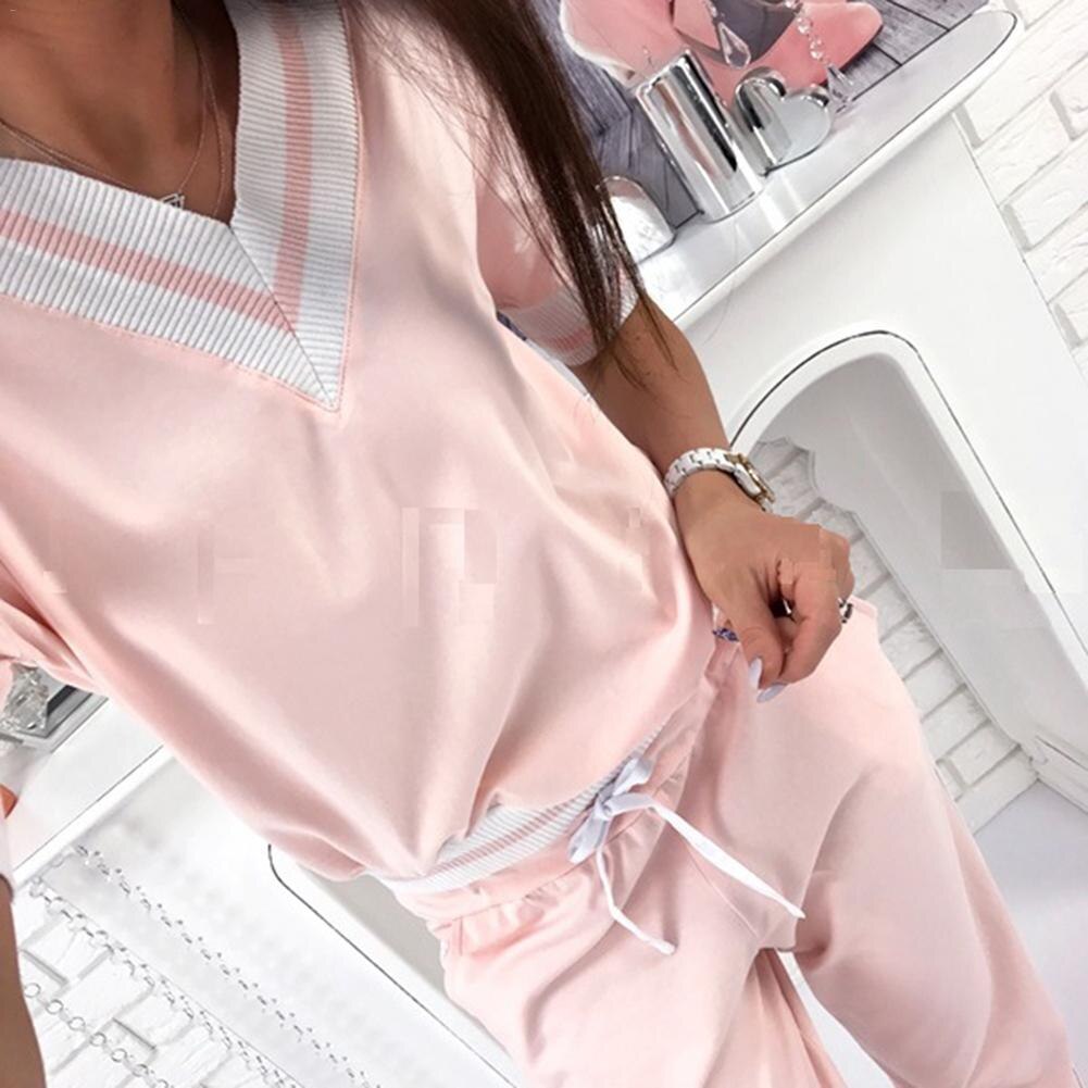 Women Sport Suit Pink Stripe Fitness Running Jogging Suit Autumn Long Sleeve V-neck Loose Gym Sweatshirt+Pants Sportswear