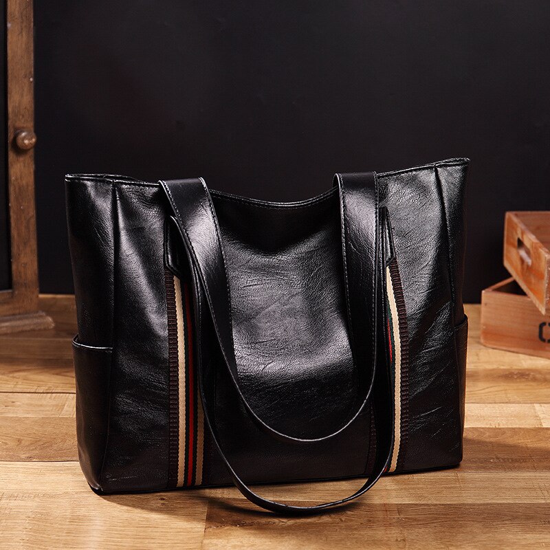 Women Shoulder Leather Bag Handbag Retro Embossing Leather Ladies Shoulder Bag Large Tote Purse Women Handbag Tote Bag: Black ribbon