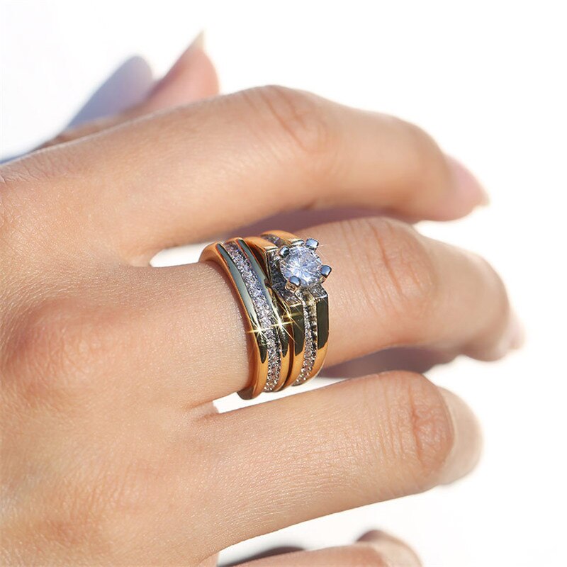 Tobilo 2 stk brude sæt ring luksus guld farve geometrisk form bryllup smykker kvinder micro pave cz dame forslag forlovelsesringe