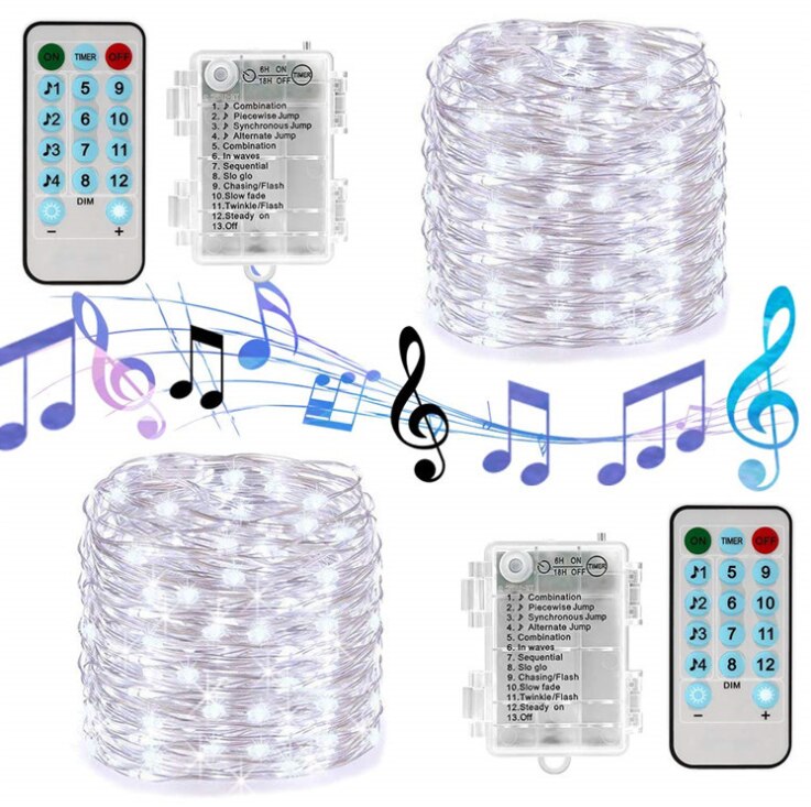 Battery/USB Operated LED Music String Lights Sound Activated 5M 10M Silver Wire Garland Party Wedding Christmas Home Decoration: Battery White / 5M 50LED