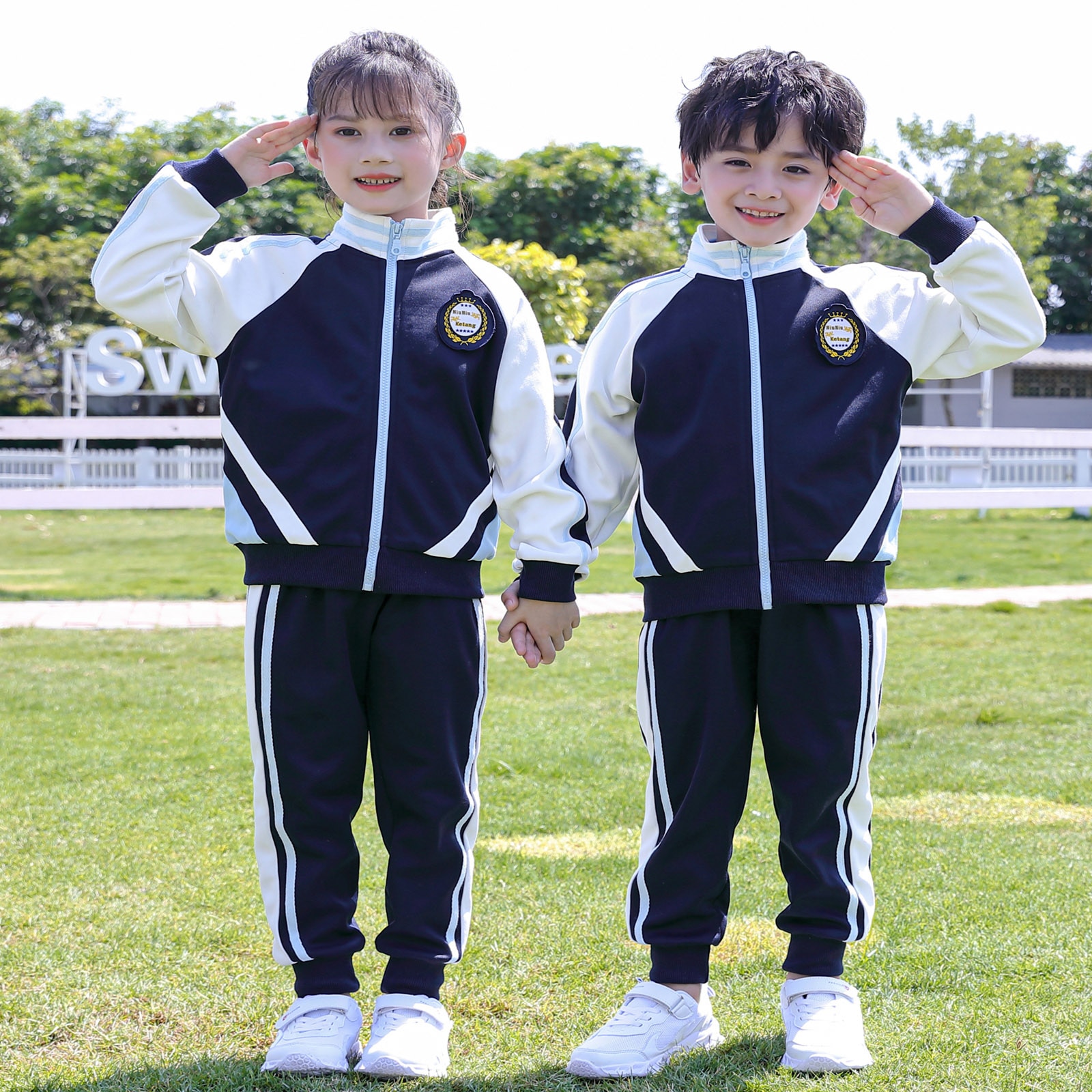 2Pcs Kids Boys Girls School Uniform Spring Autumn Sport Suit Windproof Stand Collar Long Sleeves Font Zipper Coat and Pants Sets