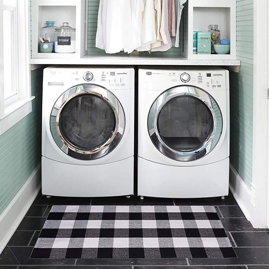 Hand-Woven Cotton Plaid Area Rug Anti Slip Doormat Floor Mat Layered Carpet for Laundry Kitchen