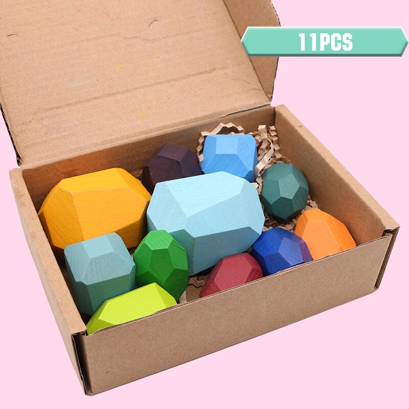 Wooden Colored Stone Stacking Block Nordic Style Stacking Game Rainbow Wooden Stone Montessori Toys Children: 11pcs 2063