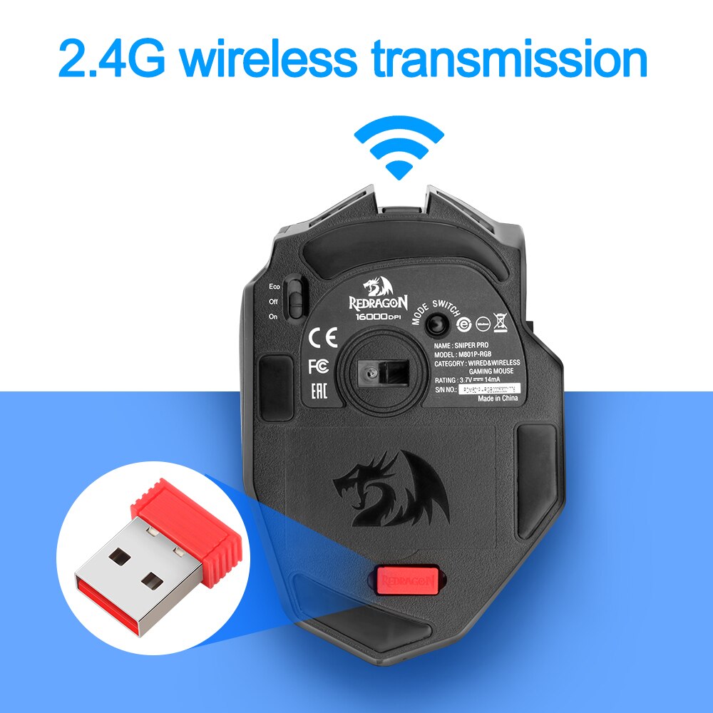 Redragon M801P RGB USB 2.4G Wireless Gaming Mouse 16400 DPI 10 buttons Programmable ergonomic for gamer Mice laptop PC computer