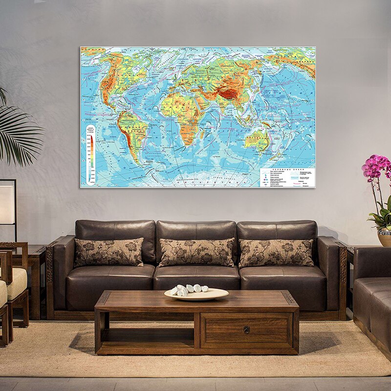 150*90cm Geographic Map of The World Wall Poster Smelless Canvas Painting for Travel Souvenir Home Decoration In Russian