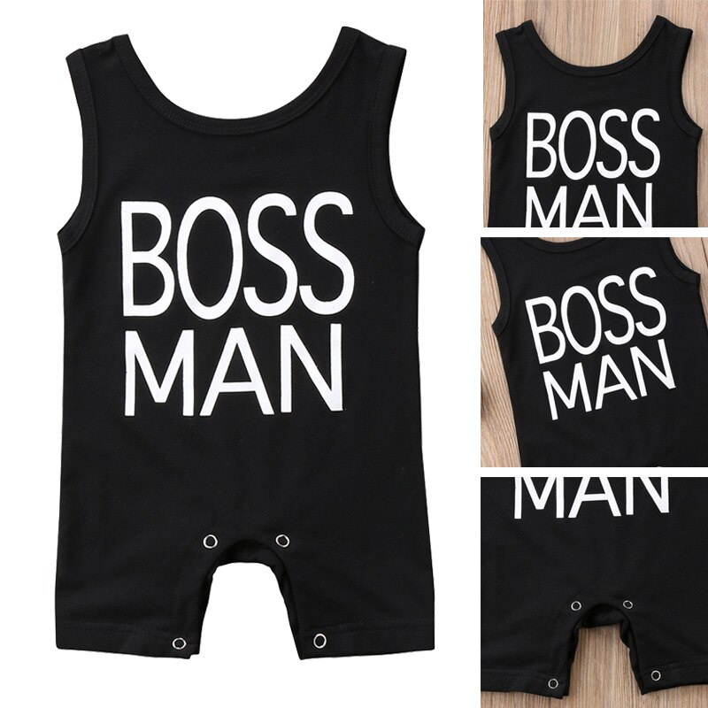 Pelele sin mangas con estampado de Boss Man para recién nacidos, mono negro, ropa, atuendo, 0 a 24 meses
